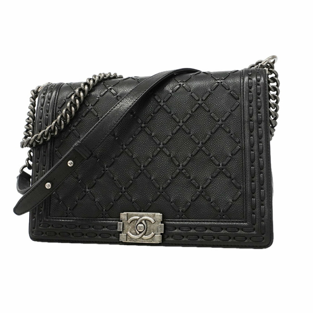 Chanel Boy Chain Shoulder Bag, Caviar Leather, Black, Women's OP011882